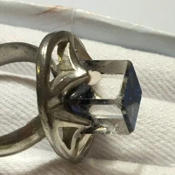 Vintage Silver Tone Blue Coated Glass Cube Ring Adjustable Band Size 7.25 - Picture 8 of 12